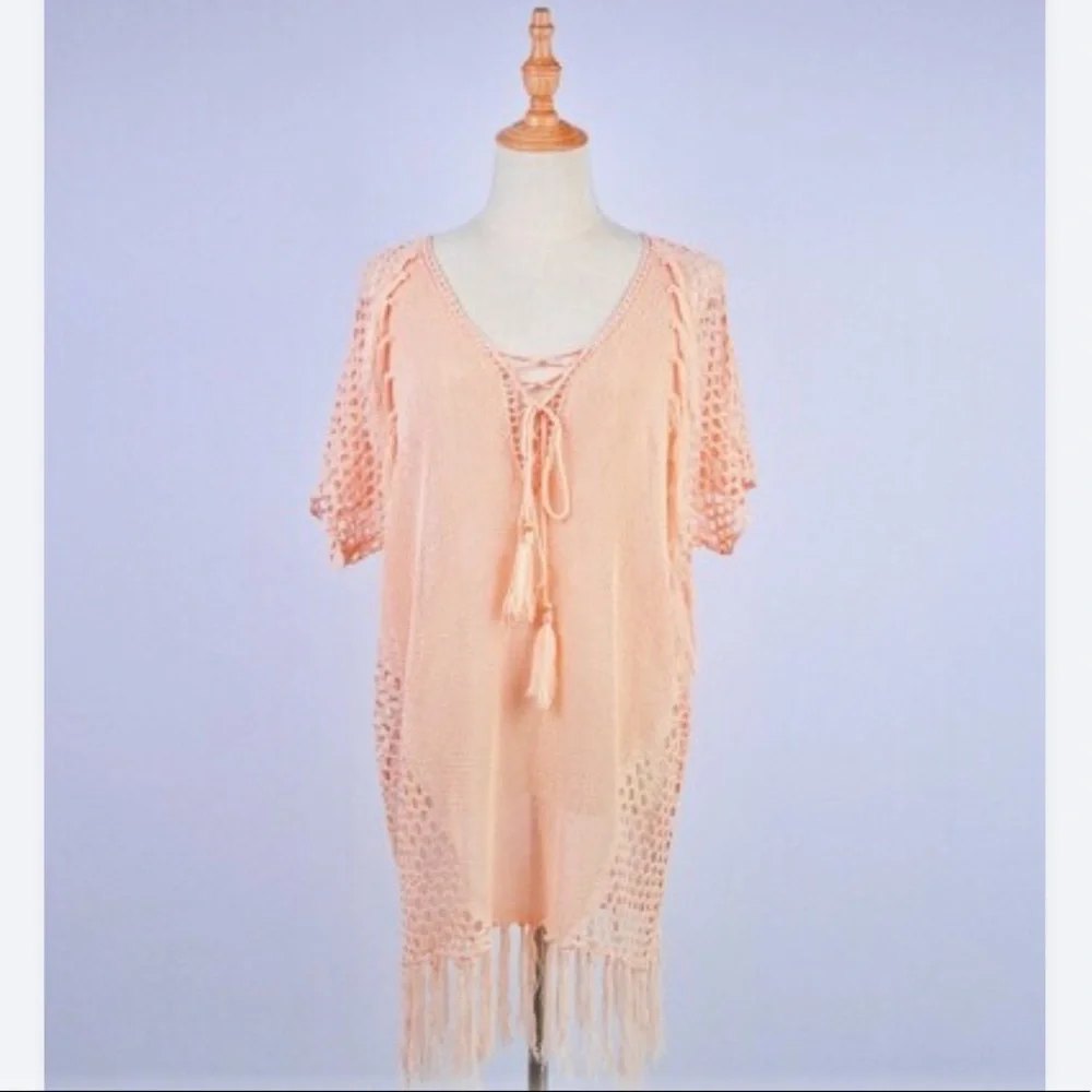 New! Peachy bohemian swim cover up with fringes - Picture 3 of 3